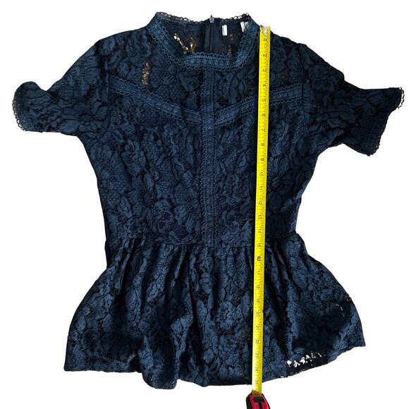 Navy Lace Peplum Top – Sheer Short Sleeve Blouse with Lined Bust & Back Zip - Picture 4 of 6